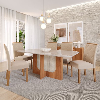 Mesa de Jantar 6 Lugares Louise Fernanda com Vidro Cinamomo/Off White/Nude - Cimol