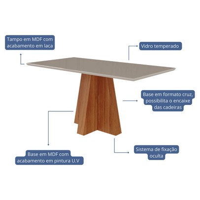 Mesa de Jantar 6 Lugares Patrícia Paola com Vidro Cinamomo/Off White/Grafite - Cimol