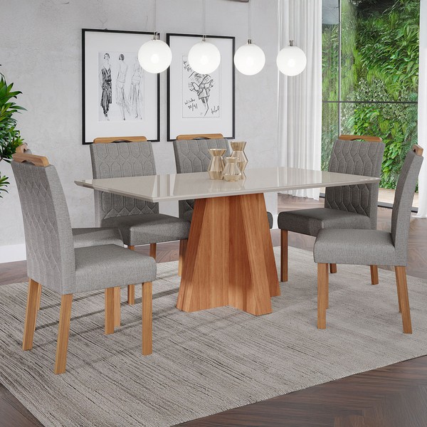 Mesa de Jantar 6 Lugares Patrícia Paola com Vidro Cinamomo/Off White/Grafite - Cimol