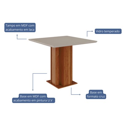 Mesa de Jantar 4 Lugares Sophia Maia com Vidro Cinamomo/Off White/Gengibre - Cimol