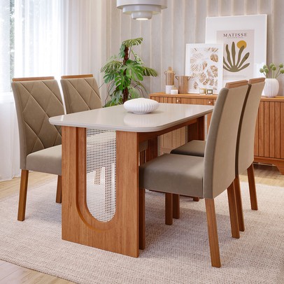 Mesa de Jantar 4 Lugares Valentina Fernanda com Vidro Cinamomo/Off White - Cimol