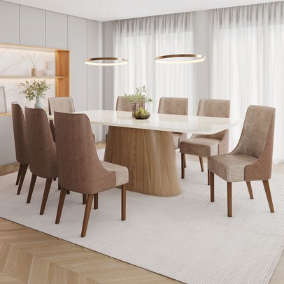 Mesa de Jantar 8 Lugares Olivía com Vidro Nature/Off White/Corano/Caramelo/Creme - Henn