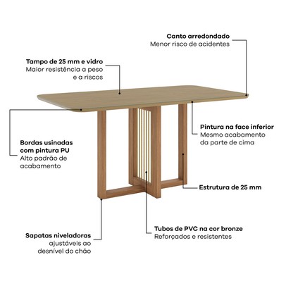 Mesa de Jantar 6 Lugares Natalí com Vidro Nature/Corano/Caramelo/Creme - Henn