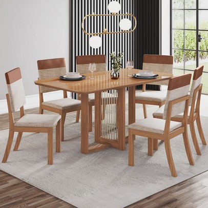 Mesa de Jantar 6 Lugares Natalí com Vidro Nature/Corano/Caramelo/Creme - Henn