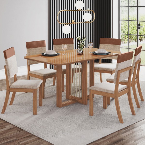 Mesa de Jantar 6 Lugares Natalí com Vidro Nature/Corano/Caramelo/Creme - Henn