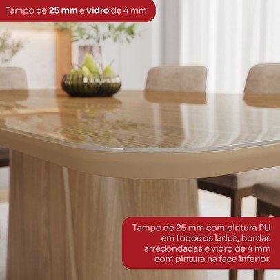 Mesa de Jantar 8 Lugares Olívia 200cm com Vidro Nature/Corano/Caramelo/Creme - Henn