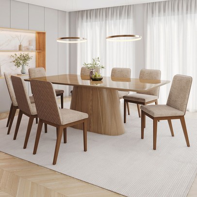 Mesa de Jantar 8 Lugares Olívia 200cm com Vidro Nature/Corano/Caramelo/Creme - Henn