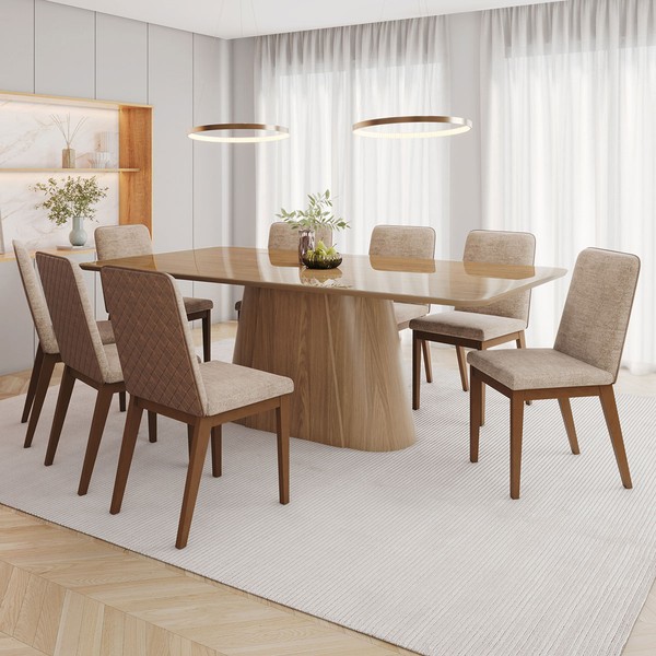 Mesa de Jantar 8 Lugares Olívia 200cm com Vidro Nature/Corano/Caramelo/Creme - Henn