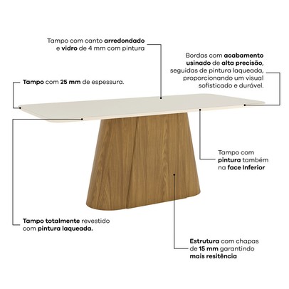 Mesa de Jantar 8 Lugares Olívia com Vidro Nature/Off White/Creme - Henn