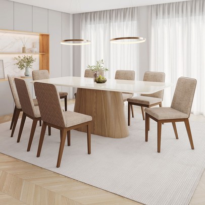 Mesa de Jantar 8 Lugares Olívia com Vidro Nature/Off White/Creme - Henn