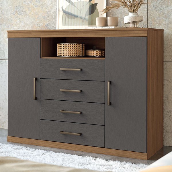 Cômoda Lincon 2 Portas 4 Gavetas Jatoba/Grafite - Pnr Móveis