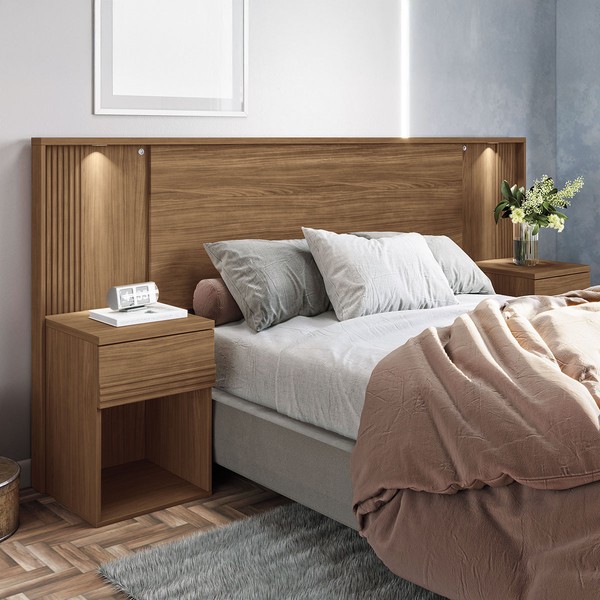 Cabeceira Casal Tennesse 2 Gavetas Ripado com Led Jatoba - Pnr Móveis