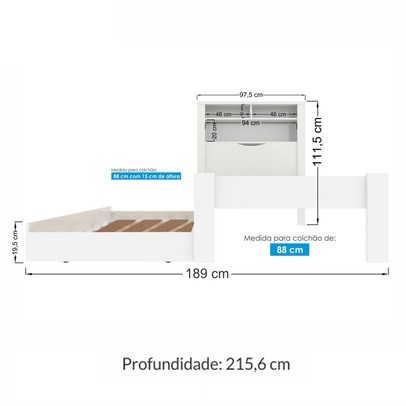 Cama Solteiro Bicama Omaha 1 Porta com Baú Branco - Pnr Móveis