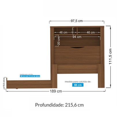 Cama Solteiro Bicama Omaha 1 Porta com Baú Jatoba - Pnr Móveis