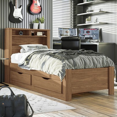 Cama Solteiro Omaha 1 Porta 2 Gavetas com Tomada Jatoba - Pnr Móveis