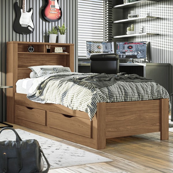 Cama Solteiro Omaha 1 Porta 2 Gavetas com Tomada Jatoba - Pnr Móveis