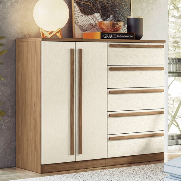 Cômoda Chicago Gold 2 Portas 5 Gavetas Jatoba/Areia - Pnr Móveis