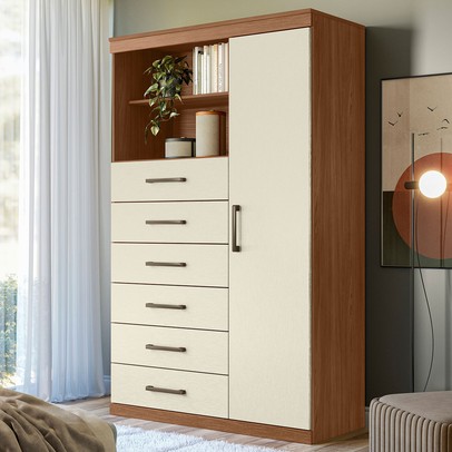 Cômoda Califórnia 1 Porta 6 Gavetas Jatoba/Areia - Pnr Móveis