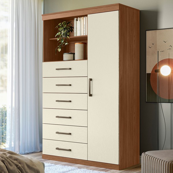 Cômoda Califórnia 1 Porta 6 Gavetas Jatoba/Areia - Pnr Móveis