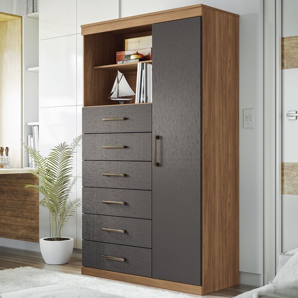 Cômoda Califórnia 1 Porta 6 Gavetas Jatoba/Grafite - Pnr Móveis