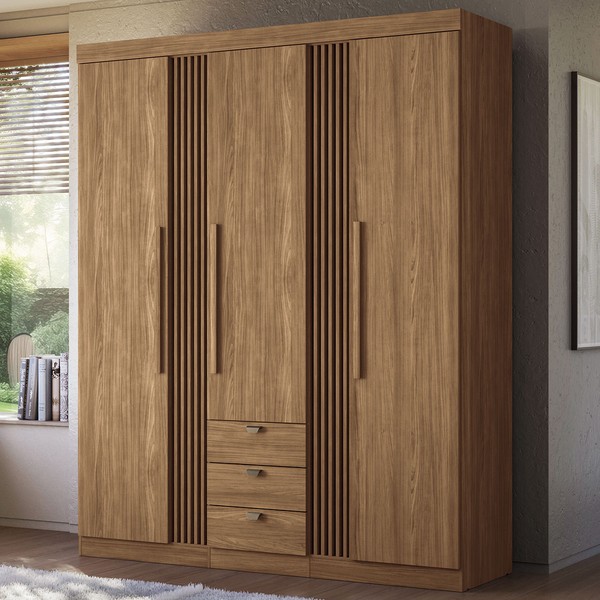Guarda-Roupa Casal Roswell 3 Portas 3 Gavetas Ripado Jatoba - Pnr Móveis
