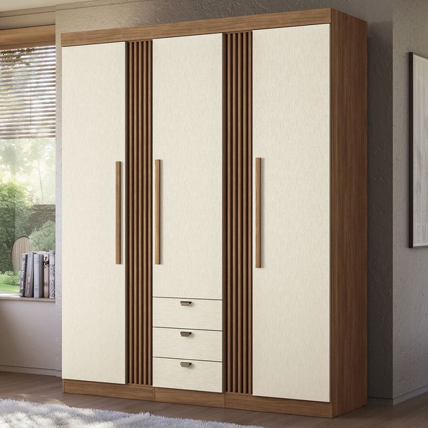 Guarda-Roupa Casal Roswell 3 Portas 3 Gavetas Ripado Jatoba/Areia - Pnr Móveis