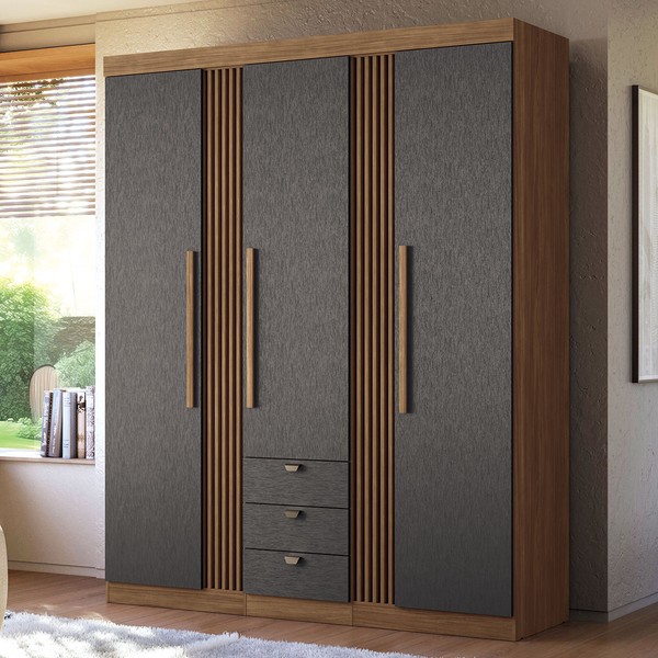 Guarda-Roupa Casal Roswell 3 Portas 3 Gavetas Ripado Jatoba/Grafite - Pnr Móveis