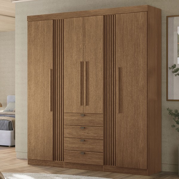 Guarda-Roupa Casal Hudson 4 Portas 4 Gavetas Ripado Jatoba - Pnr Móveis