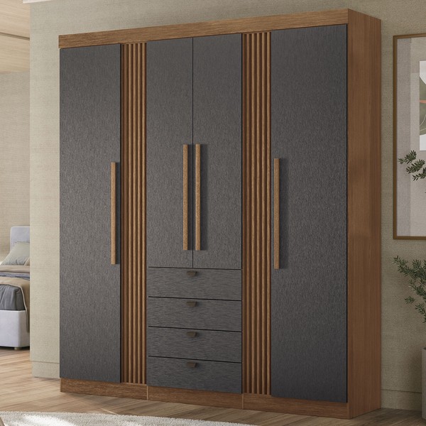 Guarda-Roupa Casal Hudson 4 Portas 4 Gavetas Ripado Jatoba/Grafite - Pnr Móveis