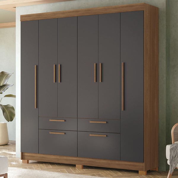 Guarda-Roupa Casal Pérola 6 Portas 4 Gavetas Jatoba/Grafite - Pnr Móveis