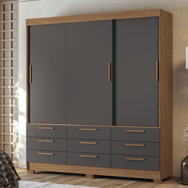 Guarda-Roupa Casal Albatroz 3 Portas 9 Gavetas Jatoba/Grafite - Pnr Móveis