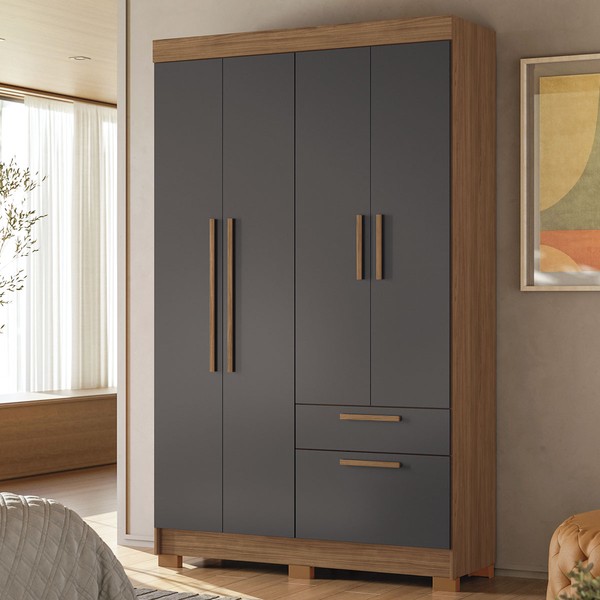 Guarda-Roupa Solteiro Sonora 4 Portas 2 Gavetas Jatoba/Grafite - Pnr Móveis