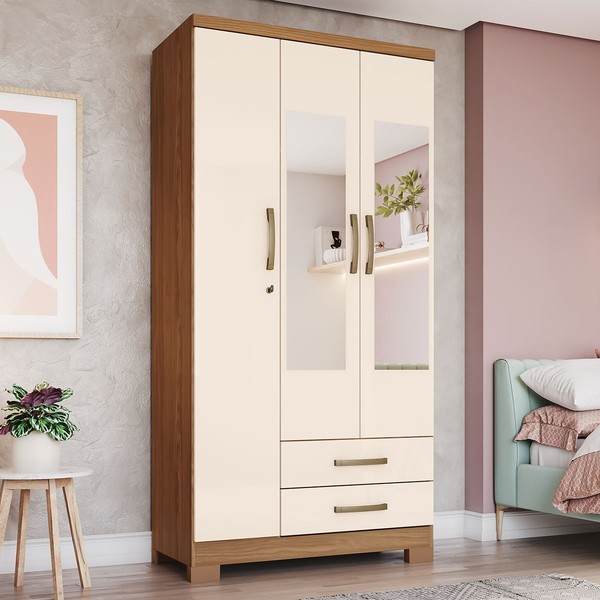 Guarda-Roupa Solteiro Açaí 3 Portas 2 Gavetas com Espelho Nature/ Off White - Henn