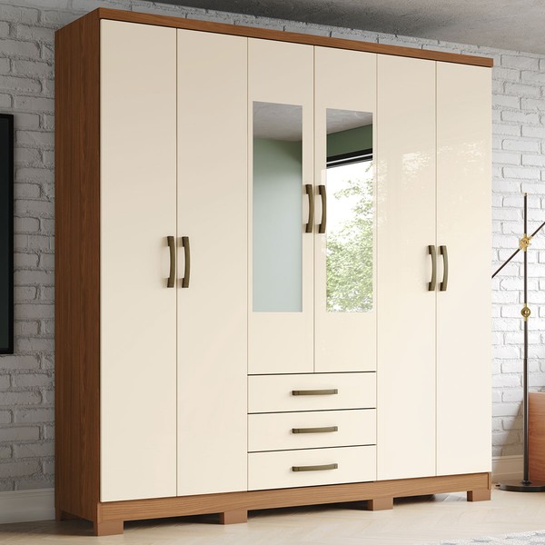 Guarda-Roupa Solteiro Caju 6 Portas 3 Gavetas com Espelho Nature/ Off White - Henn