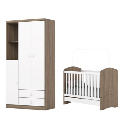 Quarto de Bebê Completo Bala de Menta 3 Portas 2 Gavetas Rústico/Branco - Henn