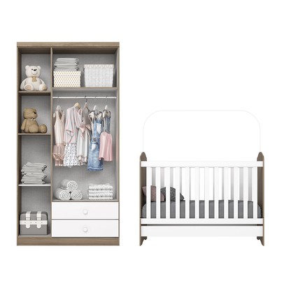 Quarto de Bebê Completo Bala de Menta 3 Portas 2 Gavetas Rústico/Branco - Henn