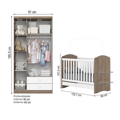 Quarto de Bebê Completo Bala de Menta 3 Portas 2 Gavetas Rústico/Branco - Henn