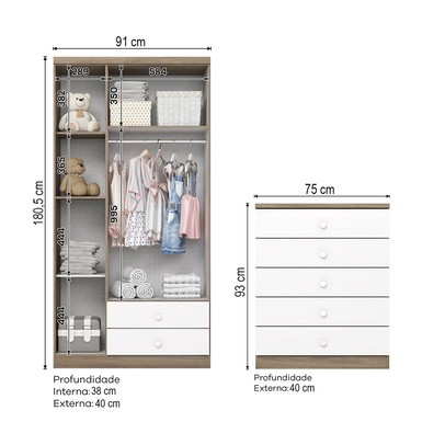 Quarto de Bebê Completo Bala de Menta 3 Portas 7 Gavetas Rústico/Branco - Henn