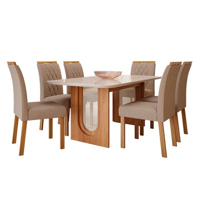 Mesa de Jantar 6 Lugares Valentina Juliana com Vidro Cinamomo/Off White/Bege - Cimol