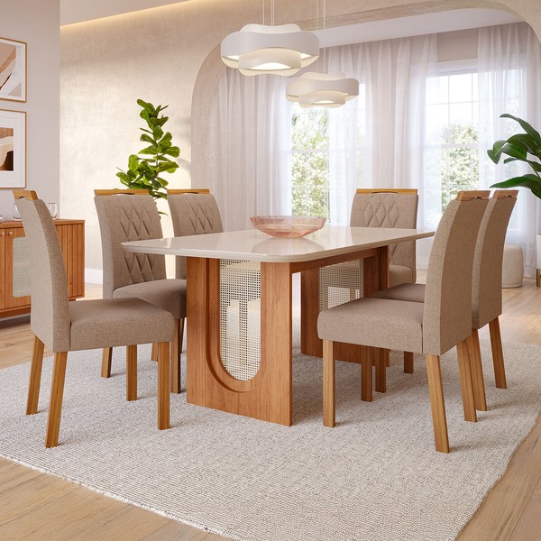 Mesa de Jantar 6 Lugares Valentina Juliana com Vidro Cinamomo/Off White/Bege - Cimol