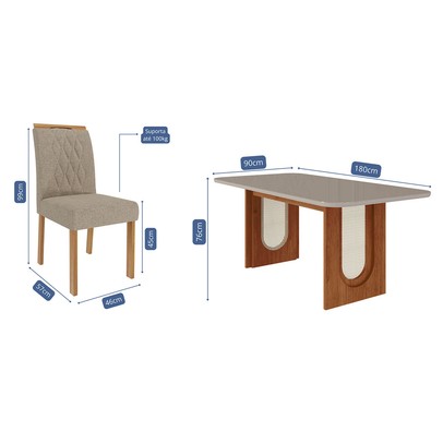 Mesa de Jantar 6 Lugares Valentina Juliana com Vidro Cinamomo/Off White/Bege - Cimol