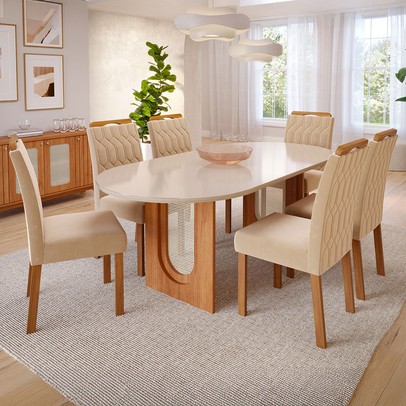 Mesa de Jantar 6 Lugares Valentina Paola com Vidro Cinamomo/Off White/Nude - Cimol