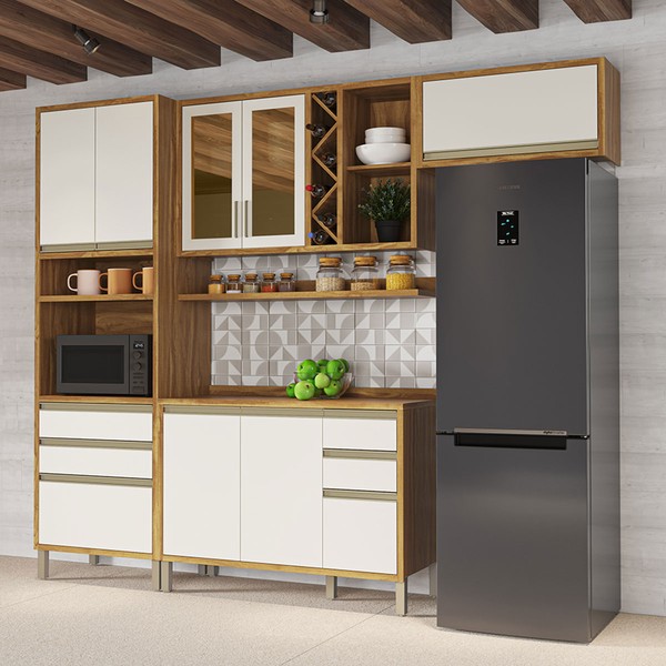 Armário de Cozinha Modulada com Balcão e Tampo 8 Portas 5 Gavetas Pérola 100% Mdf Vidro Reflecta  Amêndoa/Off White - Pnr Móveis