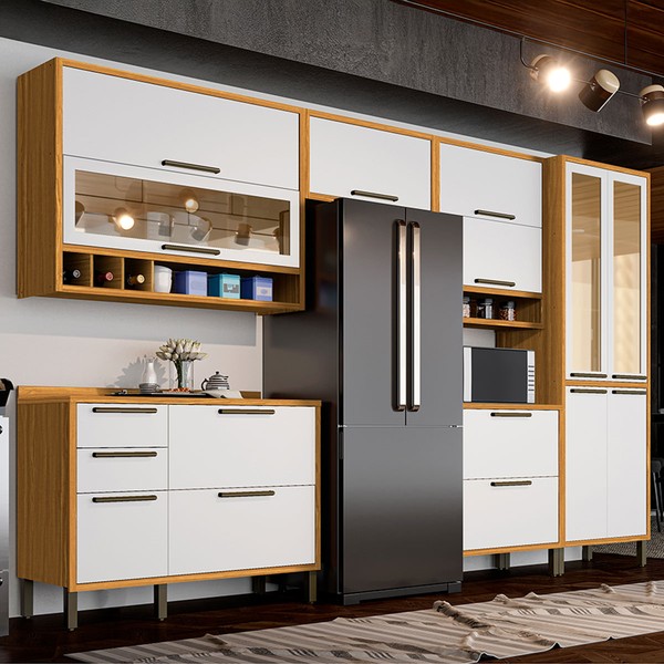 Armário de Cozinha com Balcão e Tampo 12 Portas 4 Gavetas Pérola 100% Mdf Vidro Reflecta Amêndoa/Branco - Pnr Móveis