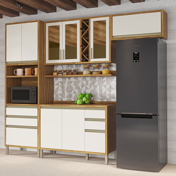 Armário de Cozinha com Balcão e Tampo 9 Portas 5 Gavetas Pérola 100% Mdf Vidro Reflecta Amêndoa/Off White - Pnr Móveis