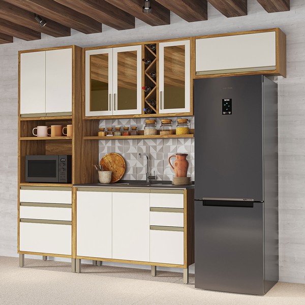 Armário de Cozinha com Balcão para Pia 9 Portas 5 Gavetas Pérola 100% Mdf Vidro Reflecta Amêndoa/Off White - Pnr Móveis