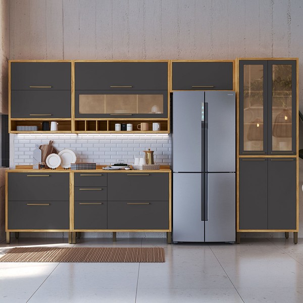 Armário de Cozinha com Balcão e Tampo 12 Portas 4 Gavetas Pérola 100% Mdf Vidro Reflecta Amêndoa/Chumbo - Pnr Móveis