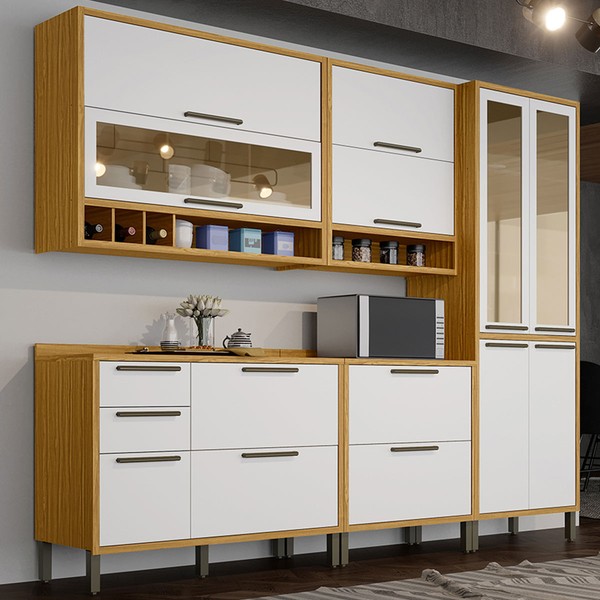 Armário de Cozinha com Balcão e Tampo 11 Portas 4 Gavetas Pérola 100% Mdf Vidro Reflecta Amêndoa/Branco - Pnr Móveis