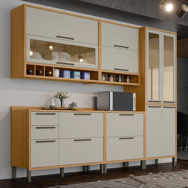 Armário de Cozinha com Balcão e Tampo 11 Portas 4 Gavetas Pérola 100% Mdf Vidro Reflecta Amêndoa/Off White - Pnr Móveis