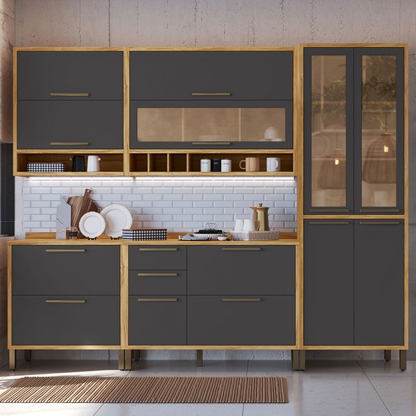 Armário de Cozinha Modulada com Balcão e Tampo 11 Portas 4 Gavetas ágata 100% Mdf Vidro Reflecta Amêndoa/Chumbo - Pnr Móveis